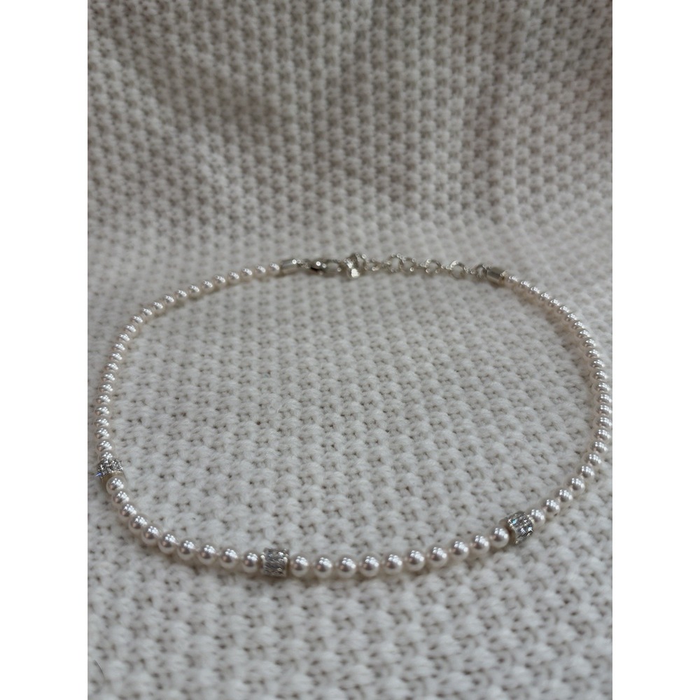 Brighton Faux Pearl Crystal Station Necklace Silver Tone Adjustable